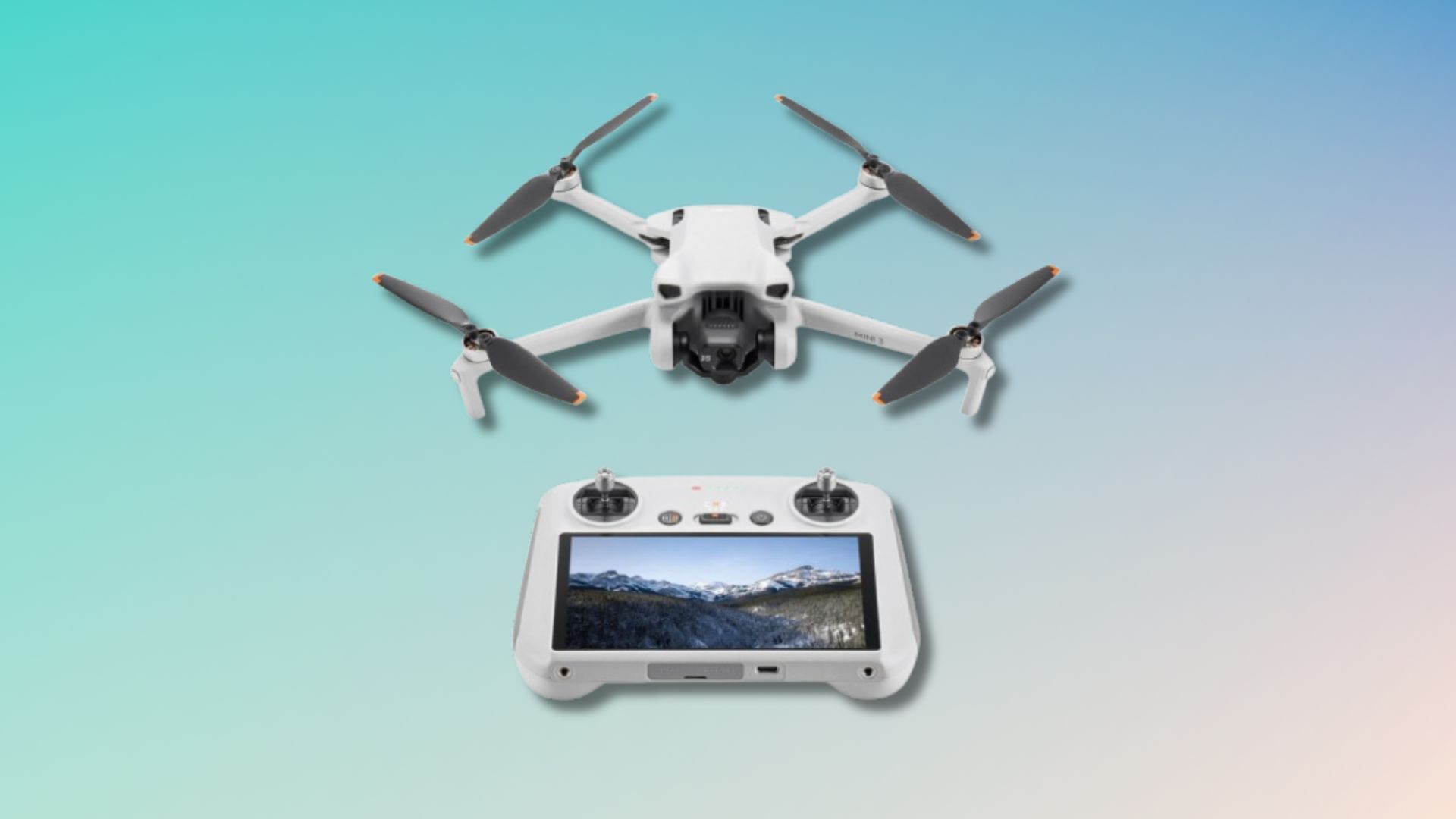the DJI Mini 3 drone with screen remote control on a blue and pink background