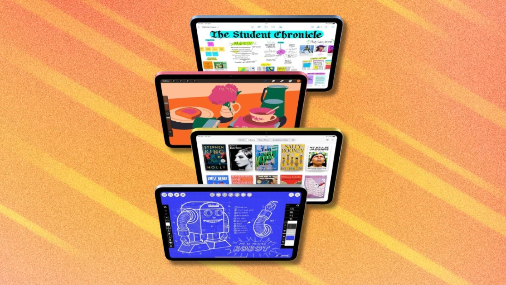 four apple ipads stacked near each other all display different images - one the front page of s student newspaper, another a painted image, a menu of book titles, and more.