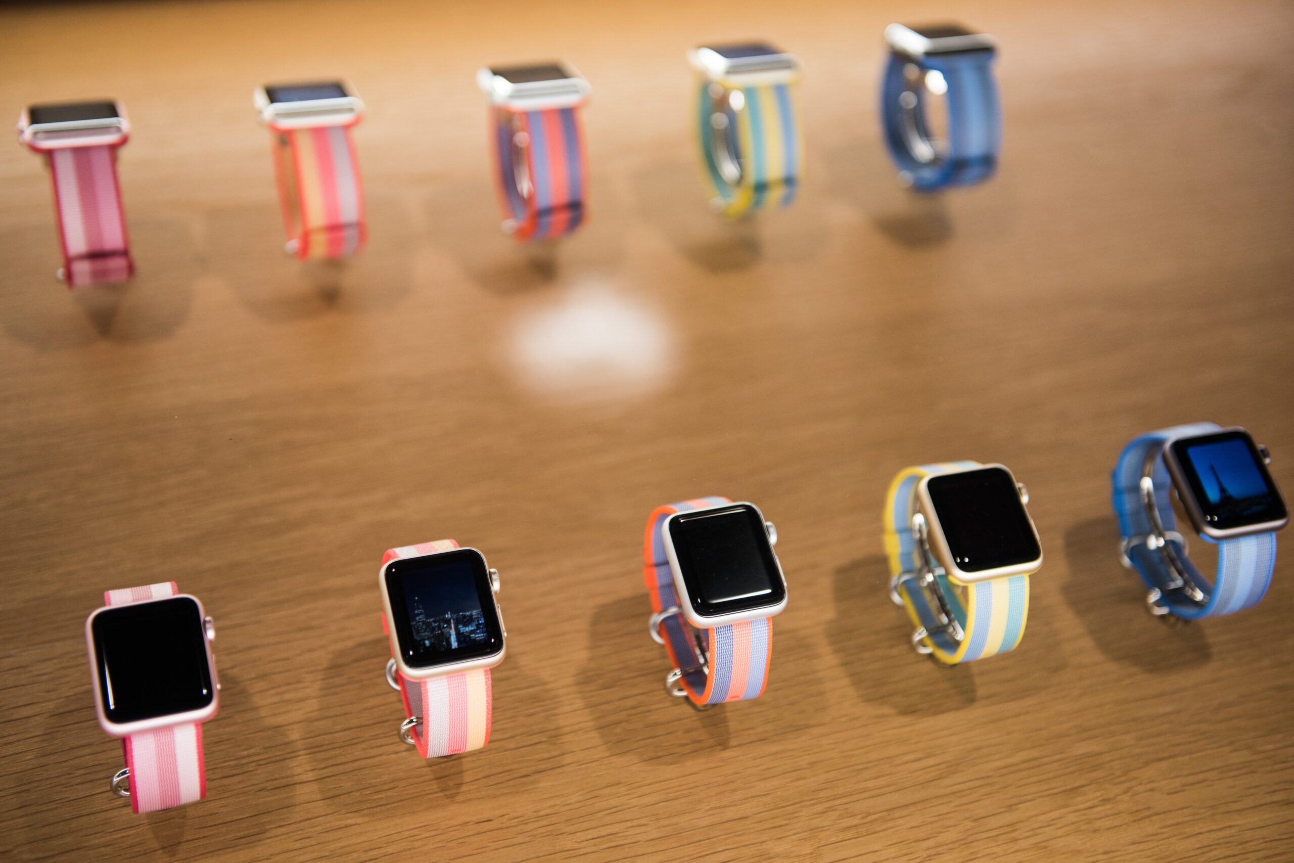 Apple Watch Series 2 devices sit on display at the company's Williamsburg store in the Brooklyn borough of New York