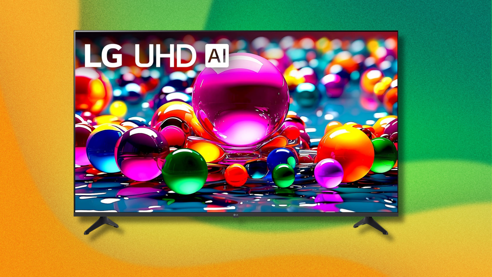 LG 65-inch Class UA77 Series LED AI 4K TV on green and yellow abstract background