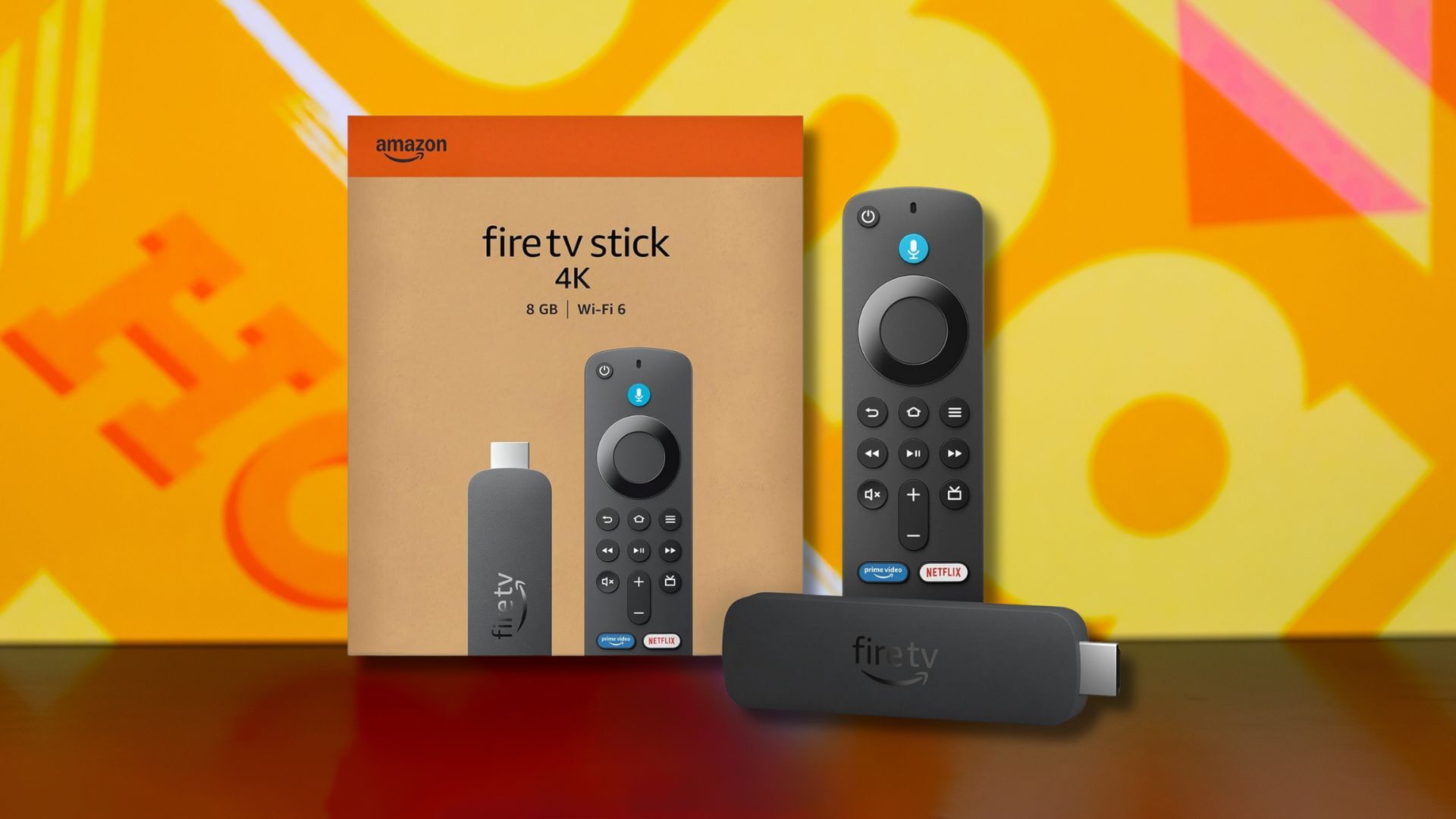 amazon 4k fire tv stick and box against a yellow patterned background
