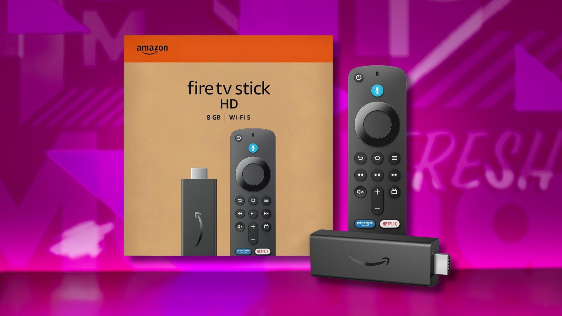 amazon fire tv stick hd and box against a pink patterned background