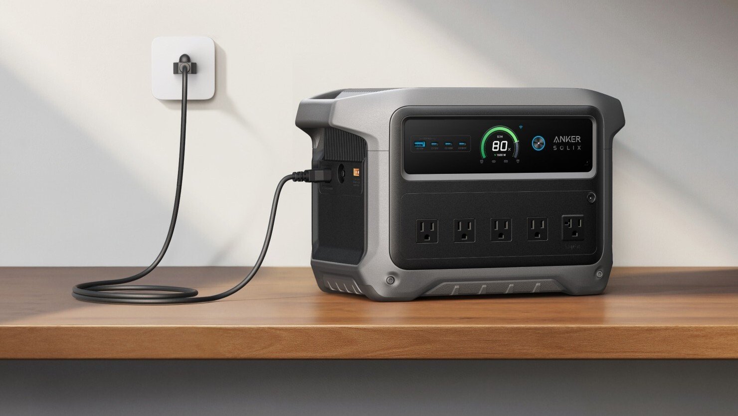the anker solix c1000 v2 recharges via ac wall power while sitting on a tabletop inside