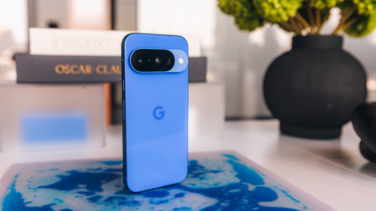 Indigo Google Pixel 9 sitting in front of books
