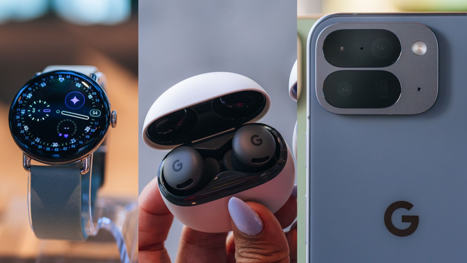 A side by side image of the (in order) Google Pixel Watch 4, Pixel Buds 2a, and Pixel 10 Pro