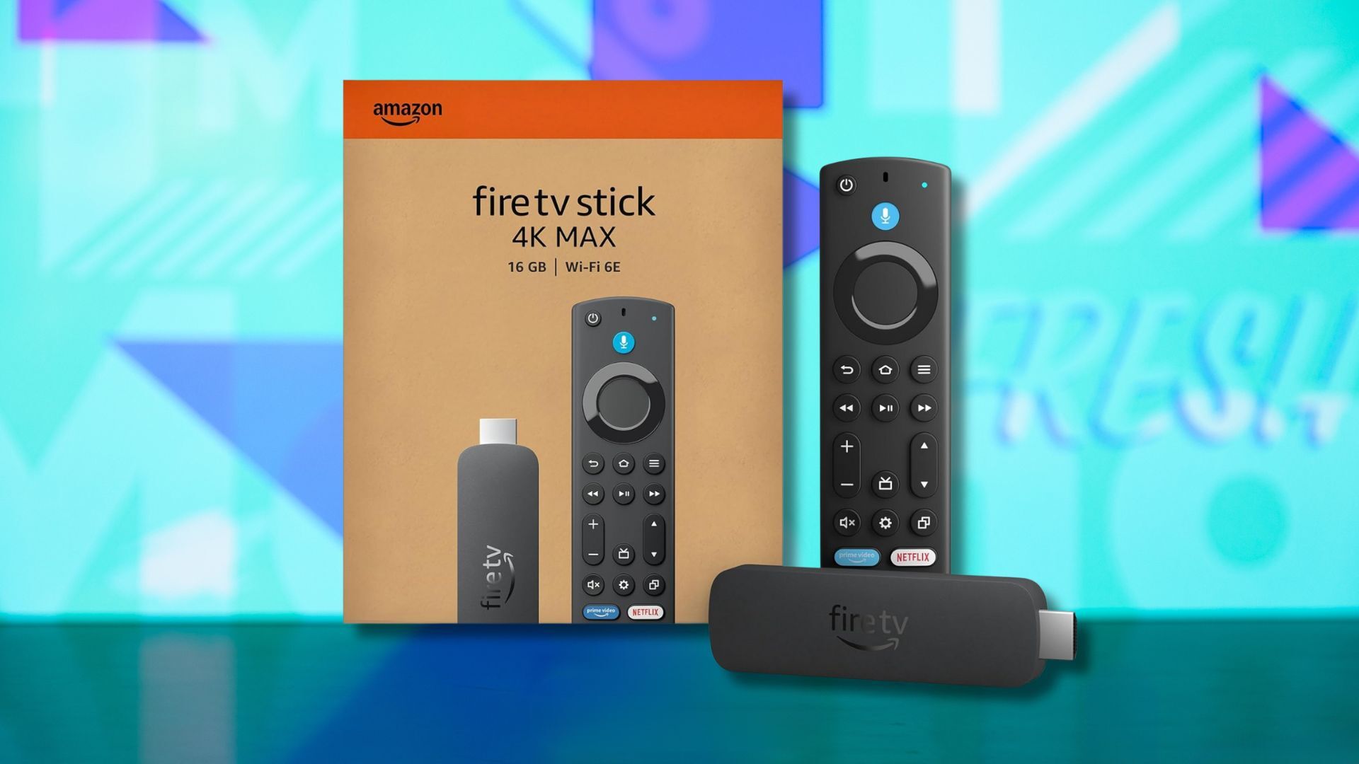 amazon fire tv stick 4k max and box against a light blue patterned background