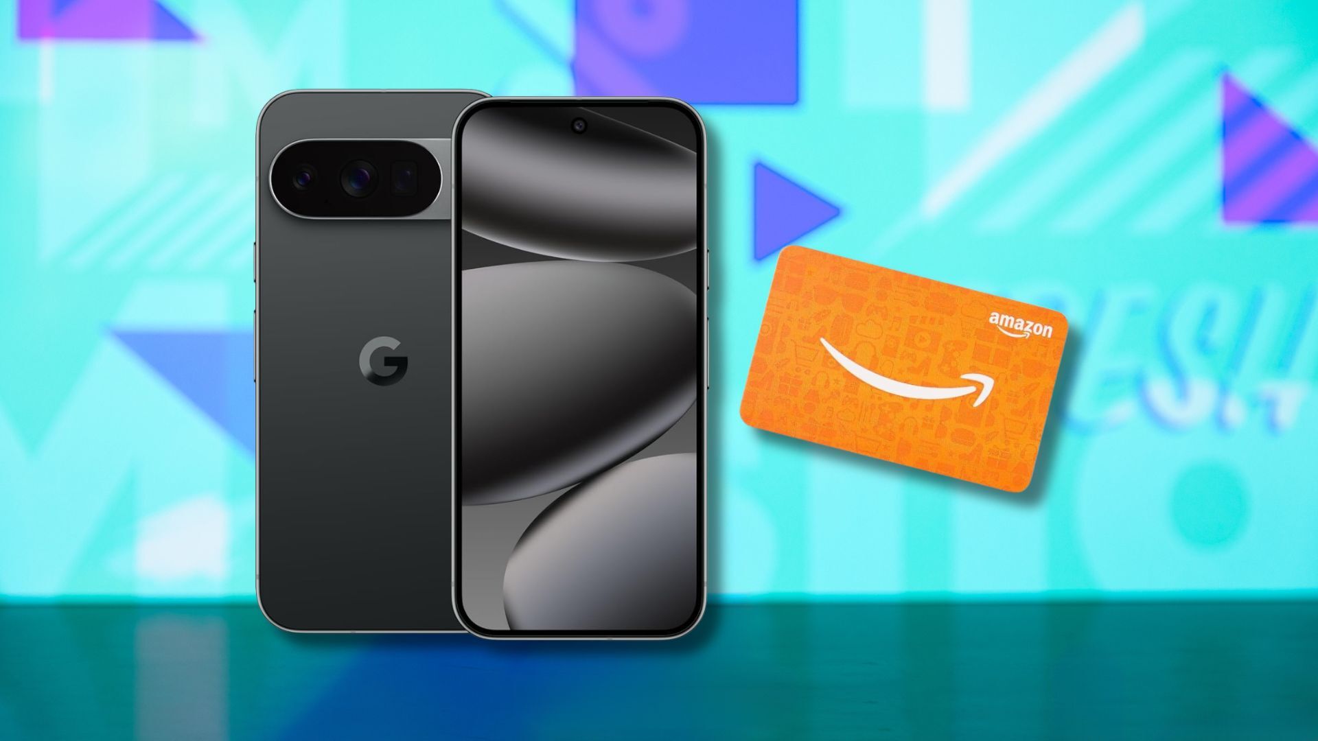 google pixel 10 pro and amazon gift card against a light blue patterned background