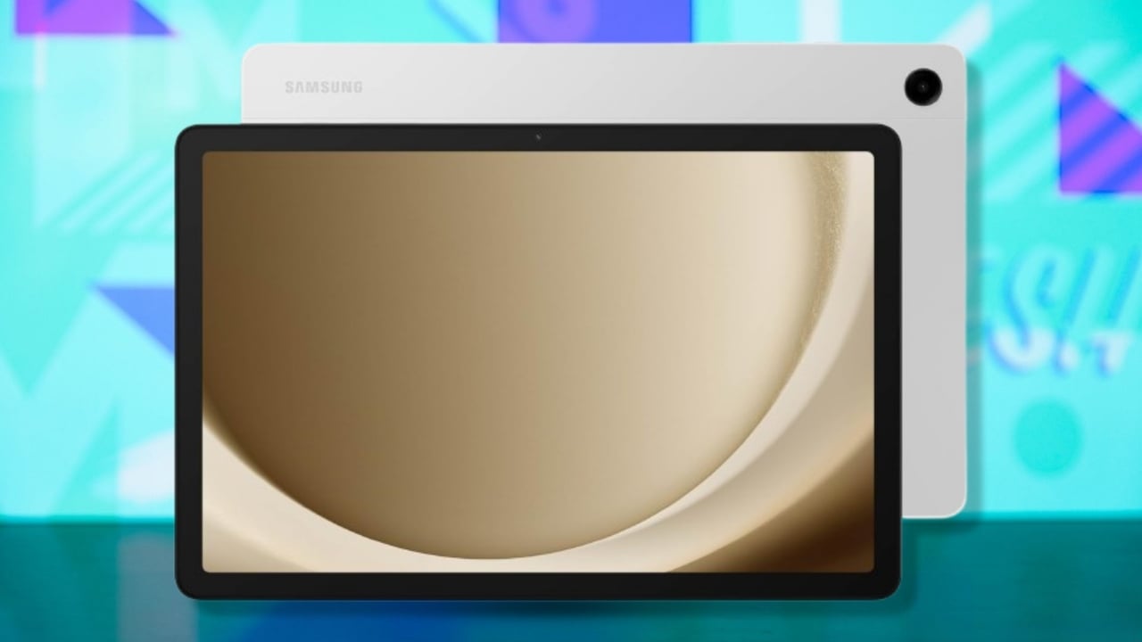 The Samsung Galaxy Tab A9+ on a blue background