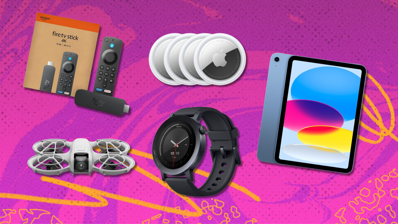 Amazon Fire Stick, Apple iPad, AirTags, DJI Drone, and CMF Watch 3 Pro with pink background
