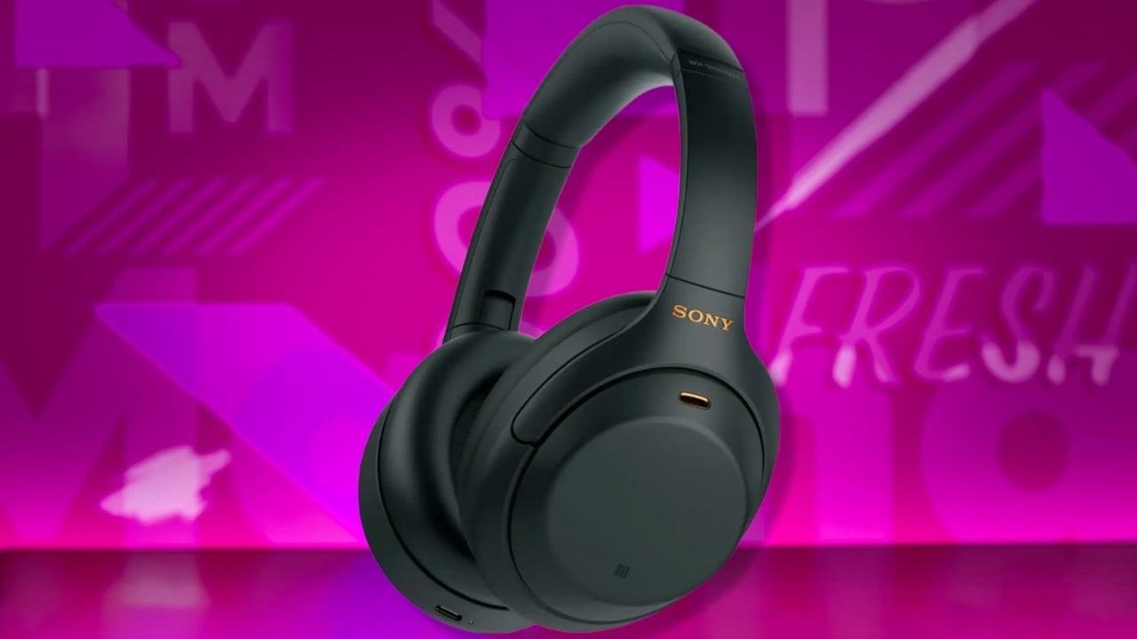 The Sony - WH1000XM4 Wireless Noise-Cancelling Over-the-Ear Headphones over a purple background