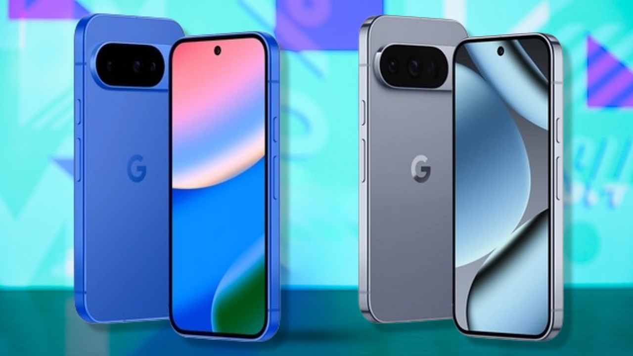 The indigo Google Pixel 10 and 10 Pro on a blue background