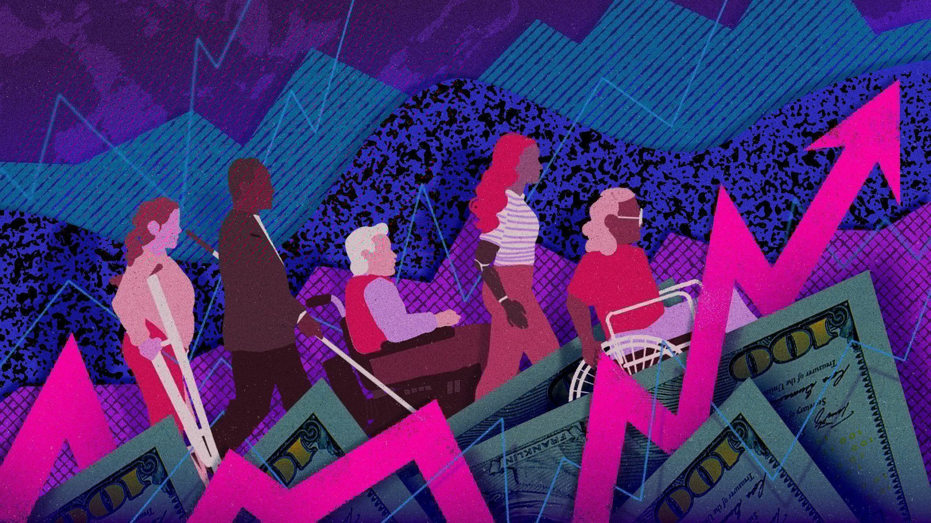 An illustration of several people using various mobility devices, including crutches and manual wheelchairs, surrounding by large dollar bills and a rising arrow.