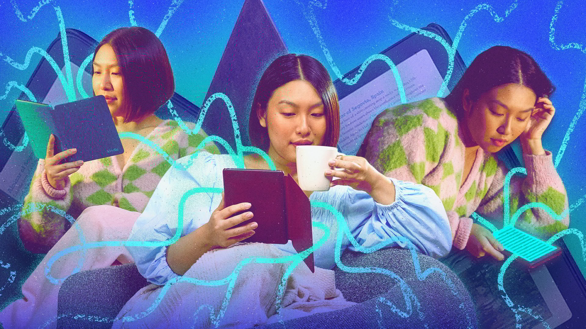 A person reading a Kindle collaged with colorful elements.