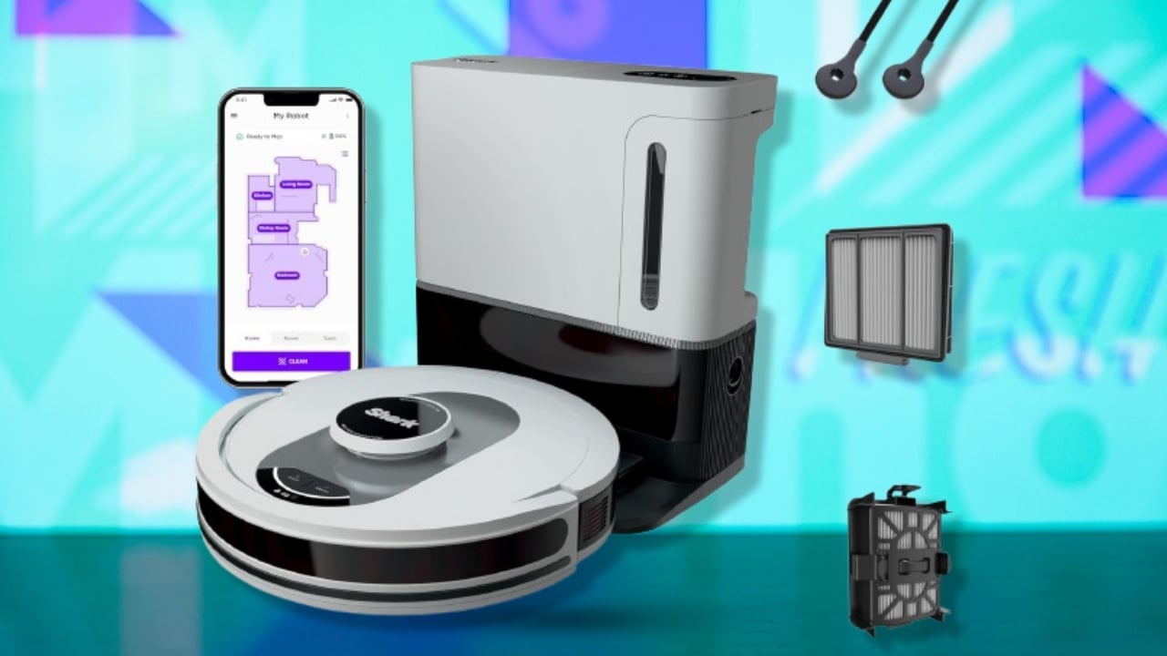 The Shark AI Ultra Voice Control Robot Vacuum with Matrix Clean Navigation on a blue background