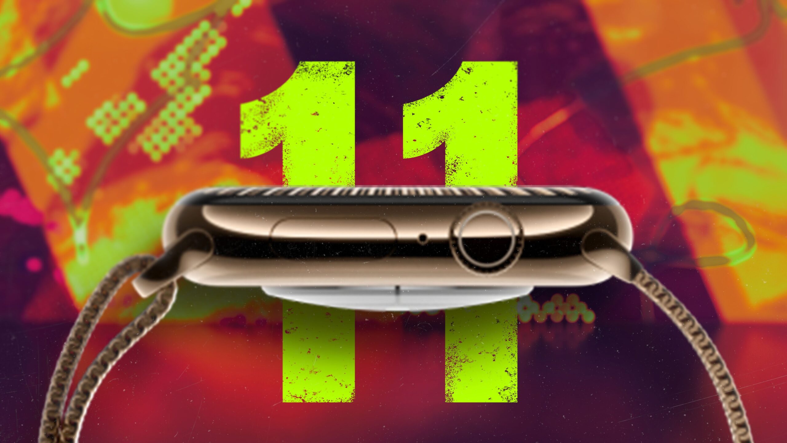 mockup of apple watch series 11 with orange-red background and neon green 11