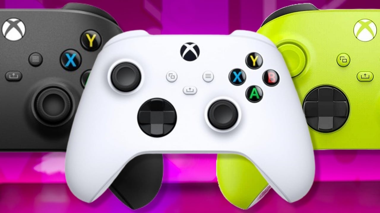 Three Xbox Wireless Controllers (robot white, carbon black, and electric volt) on a purple background