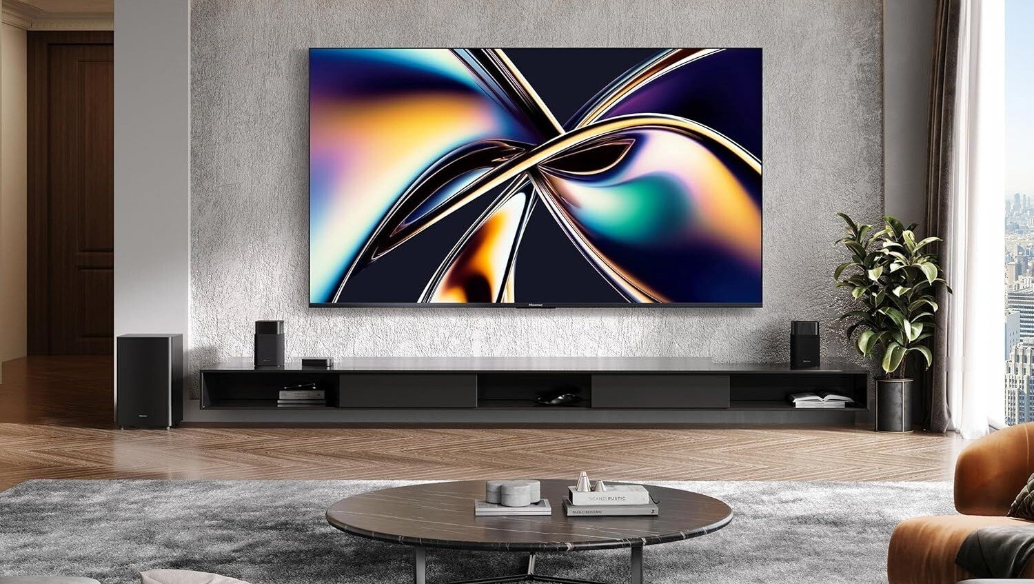 the 100-inch Hisense Class U8 TV in a living room