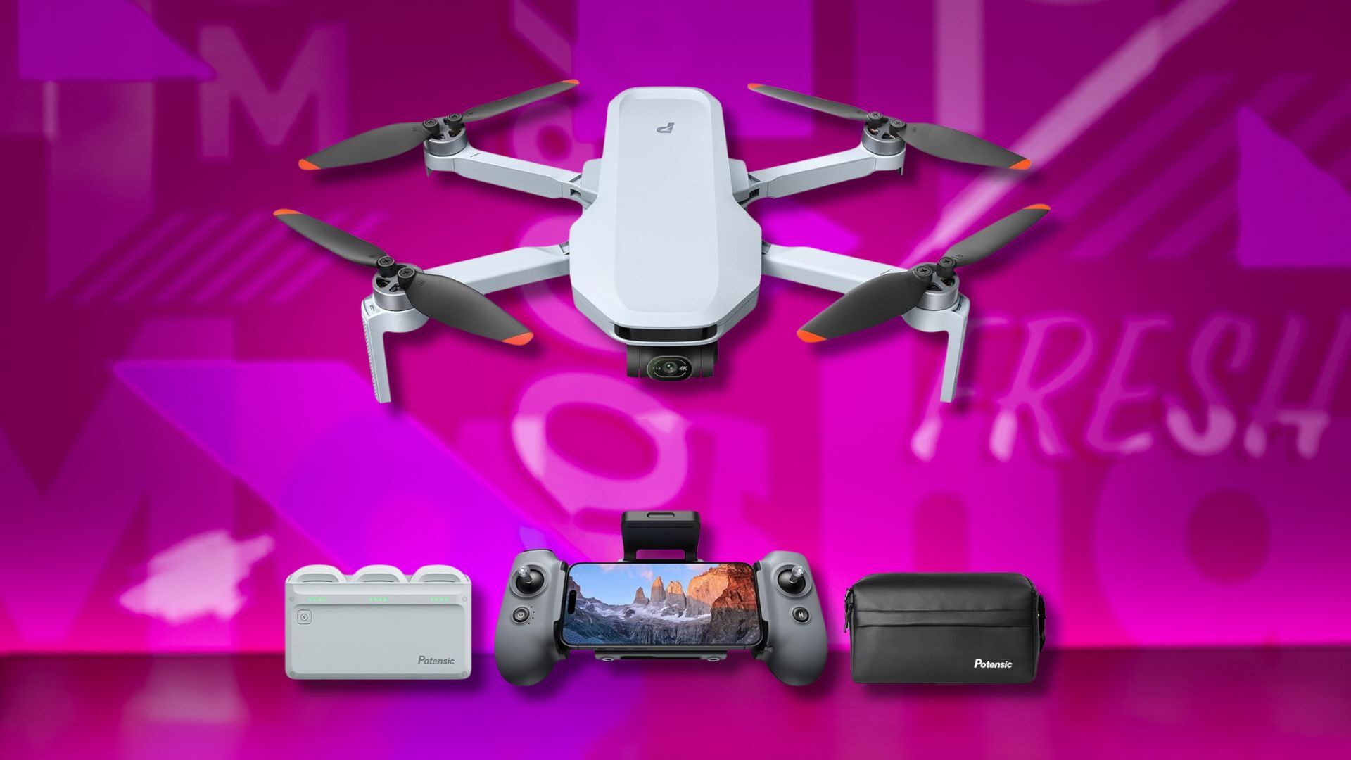 potensic atom 2 drone with bag, controller, and batteries against a pink patterned background