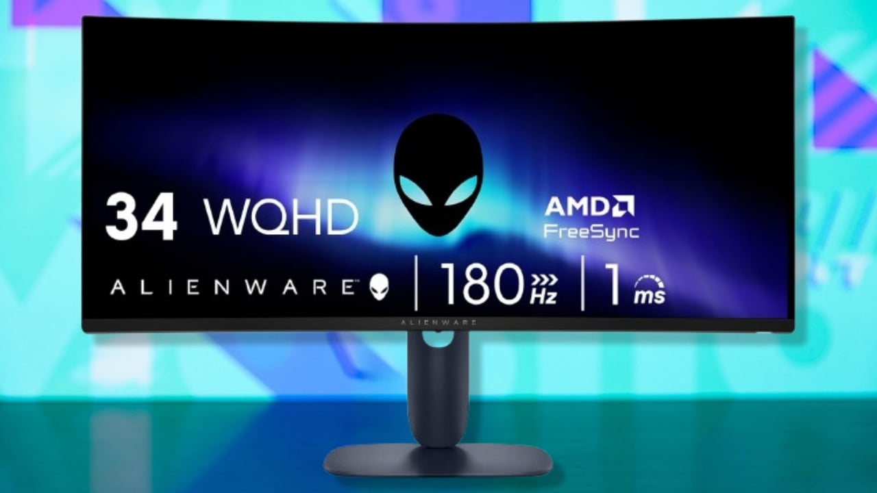 The Alienware 34 Curved Gaming Monitor on a blue background