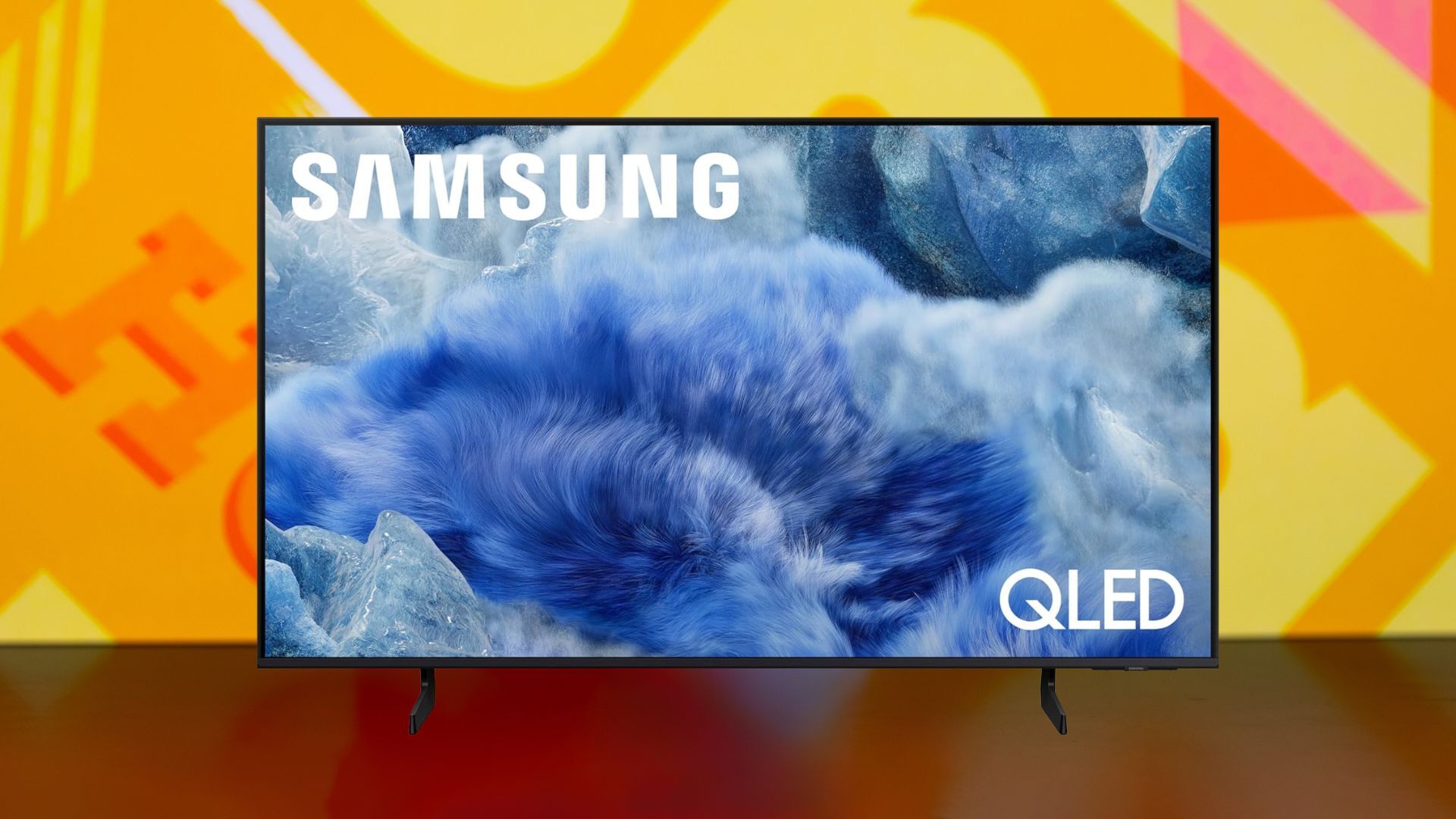 samsung 55-inch qled q8f 4k tv against a yellow patterned background