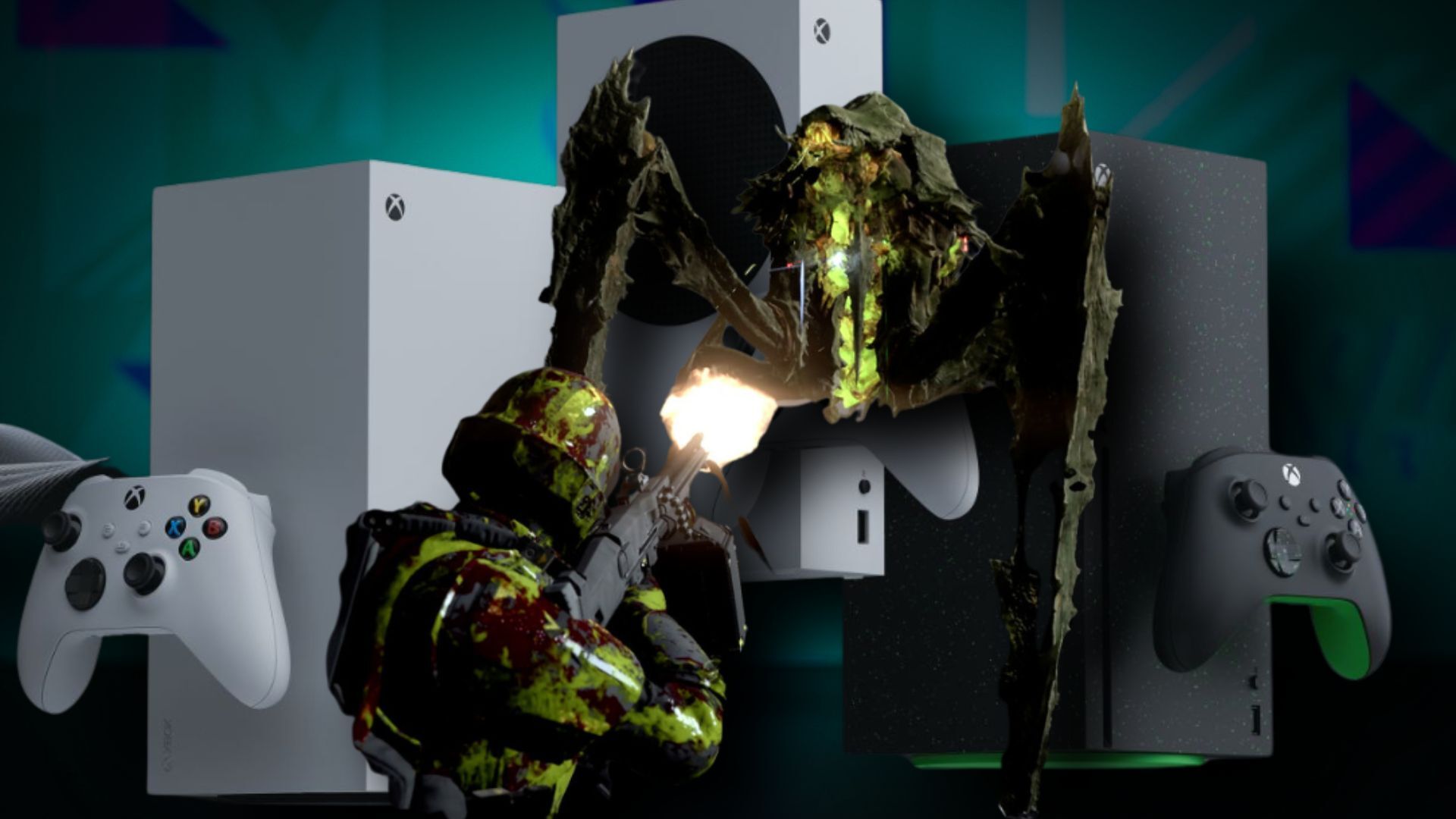 Helldivers II player and alien fighting with an Xbox console range backdrop