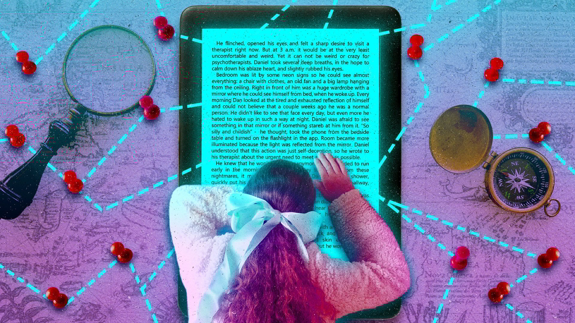 An illustration of a person reading a giant e-reader.