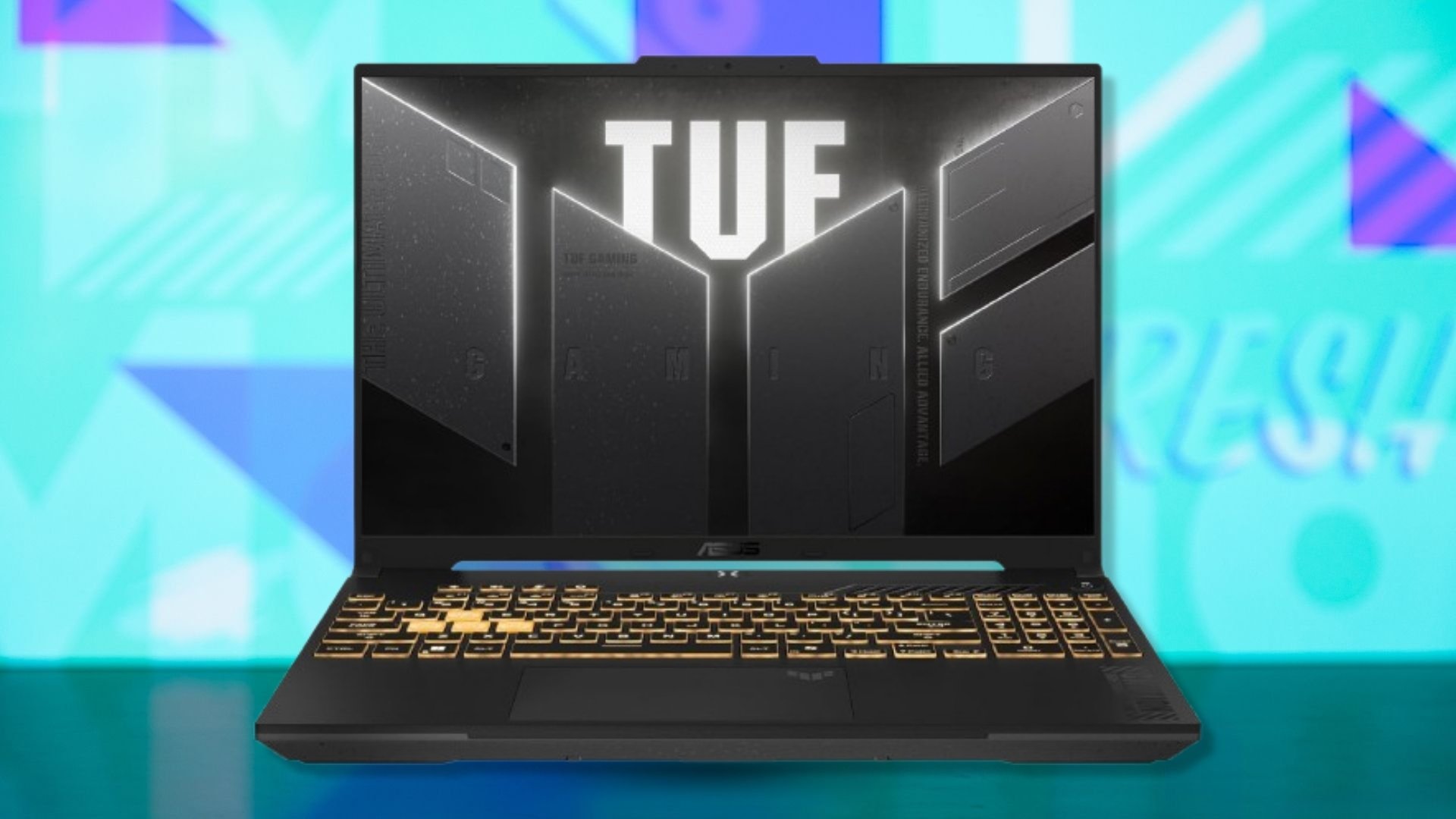 The ASUS TUF Gaming F16 Gaming Laptop on a blue background