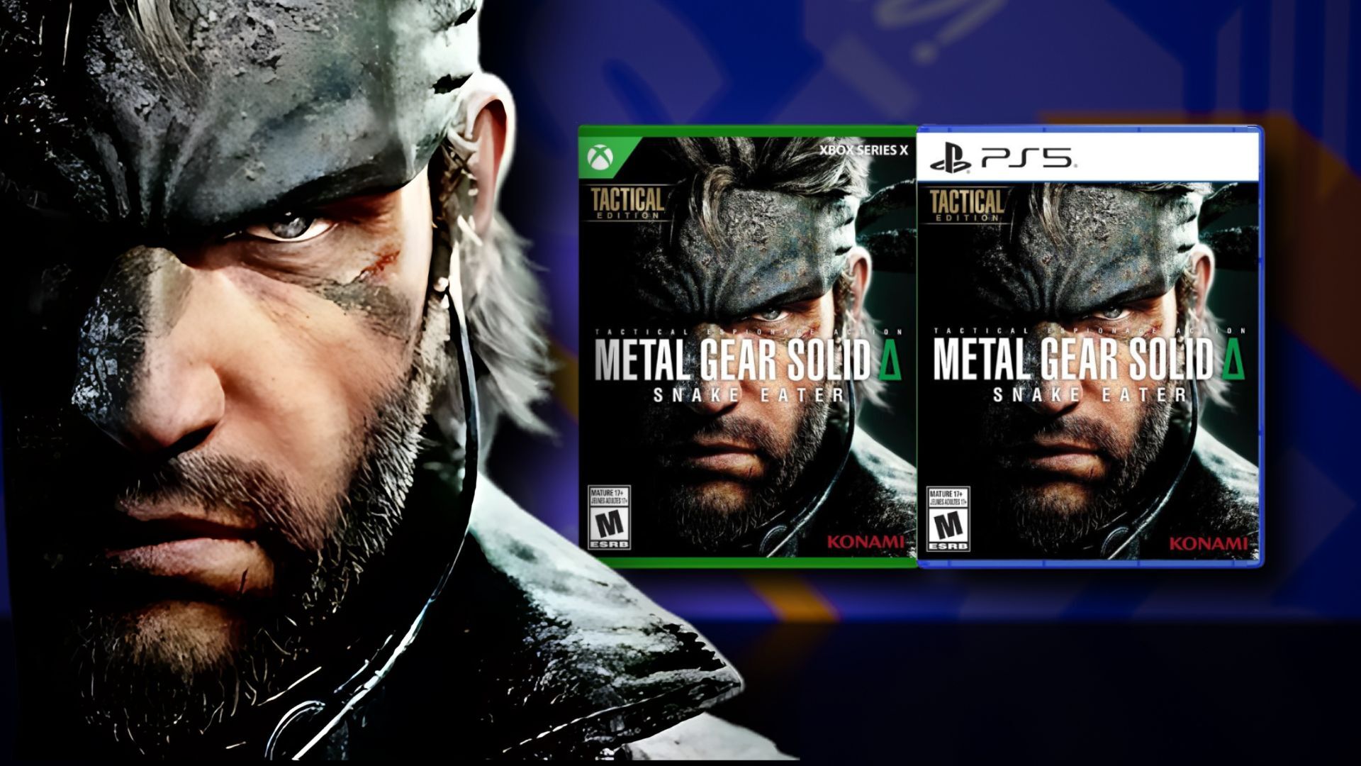 Metal Gear Solid Δ: Snake Eater key art and box art for Xbox and PS5 on a blue patterned background