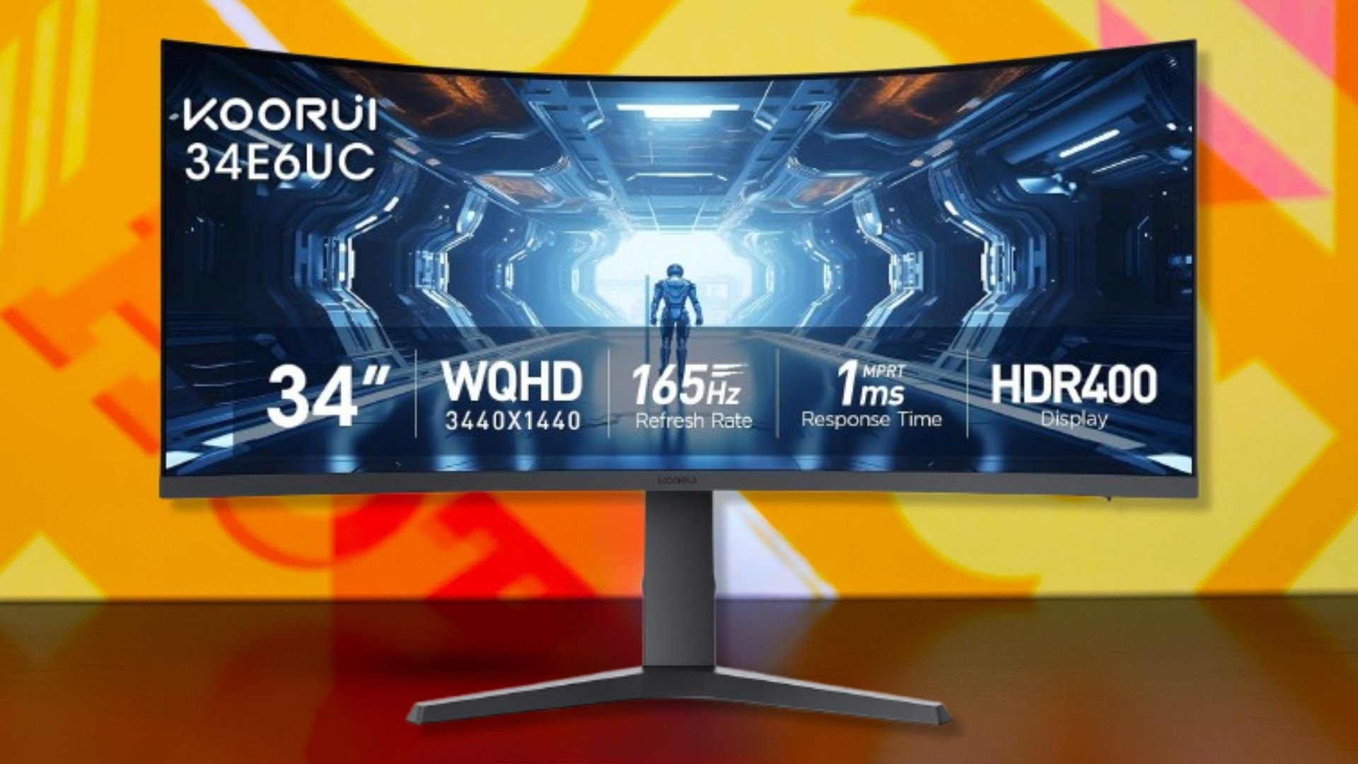 The KOORUI 34-inch Curved Ultrawide WQHD Gaming Monitor on an orange background