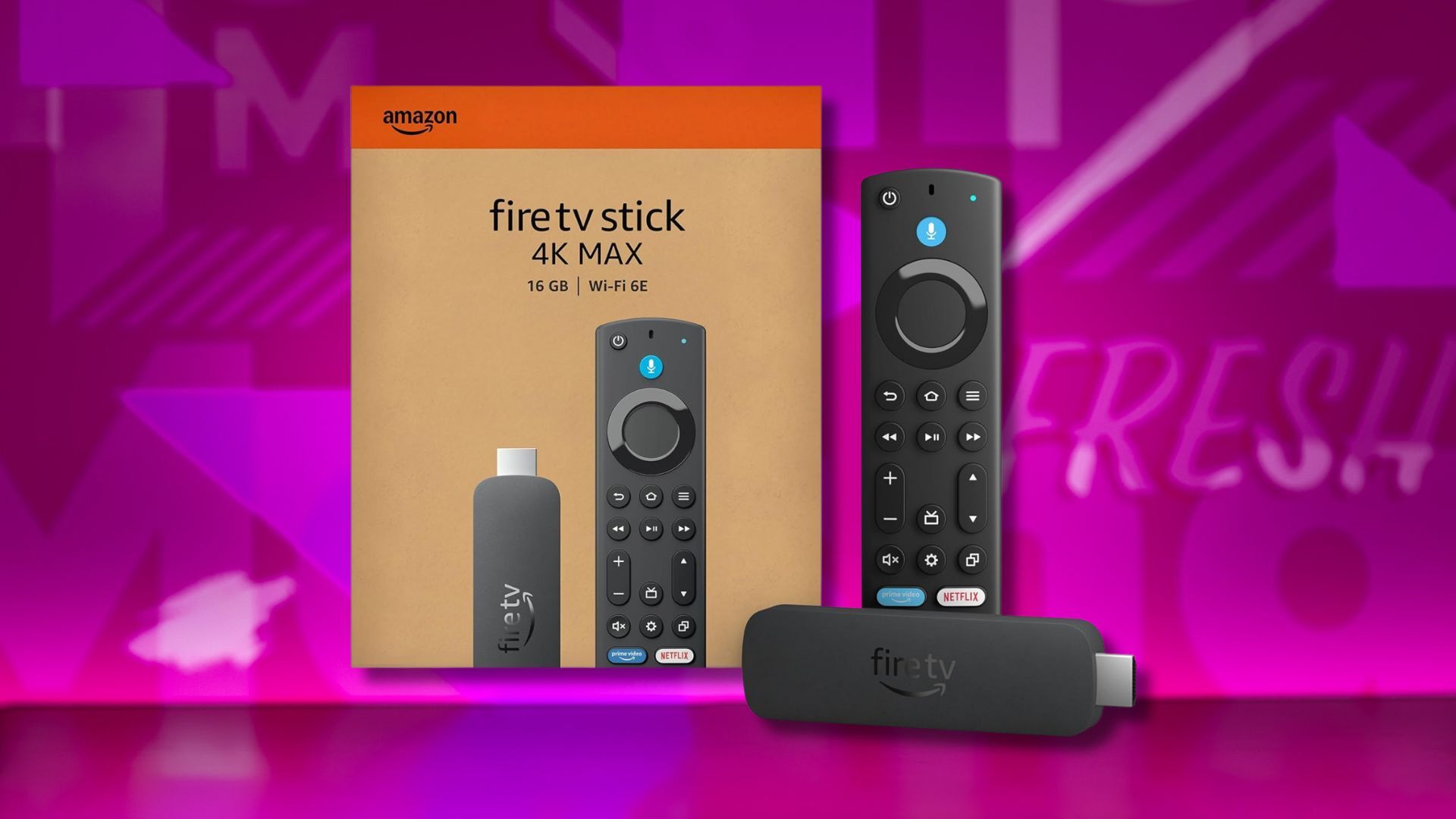 amazon fire tv stick 4k max streaming device against a pink patterned background
