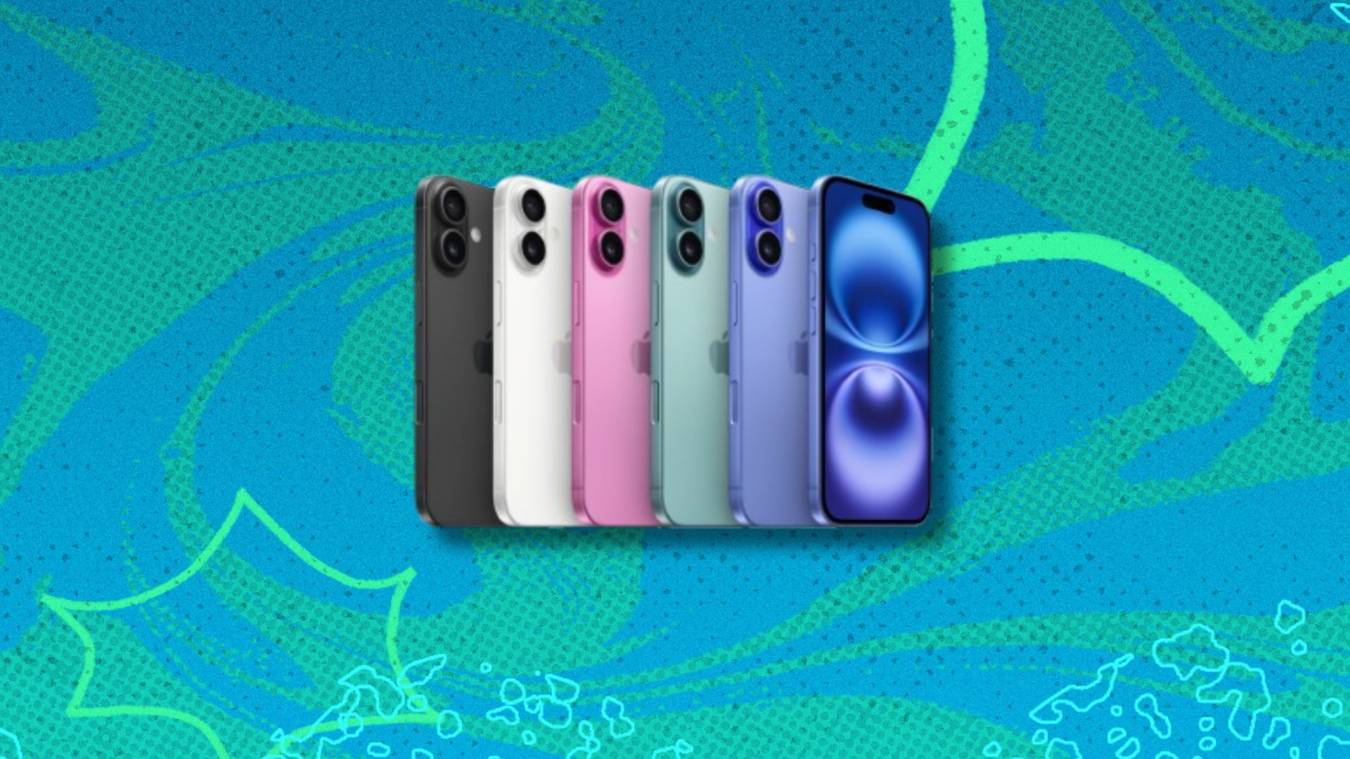 the apple iPhone 16 in a row on a green background