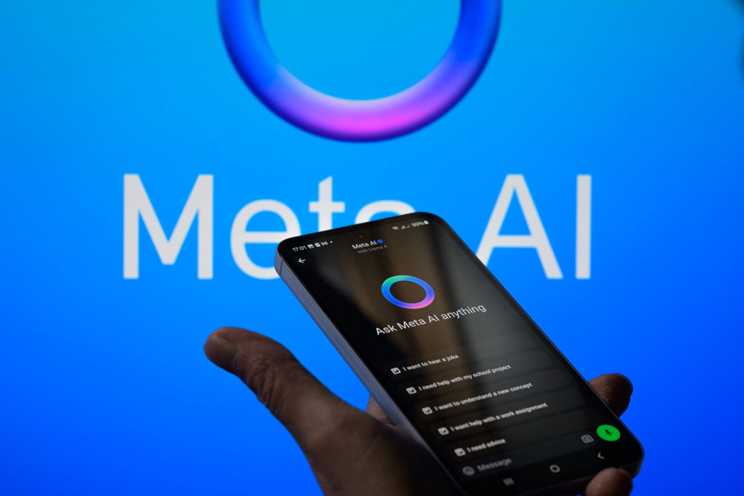 The WhatsApp bot is displayed on a mobile phone with the Meta icon in the background