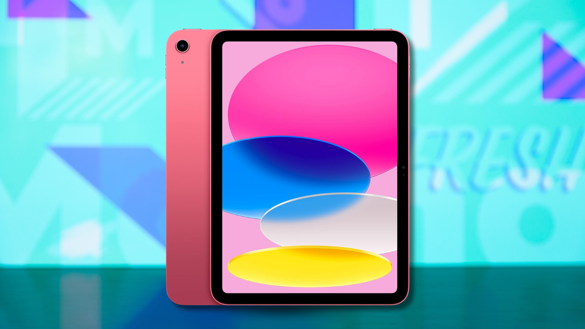 An Apple iPad 10th generation against a colorful background