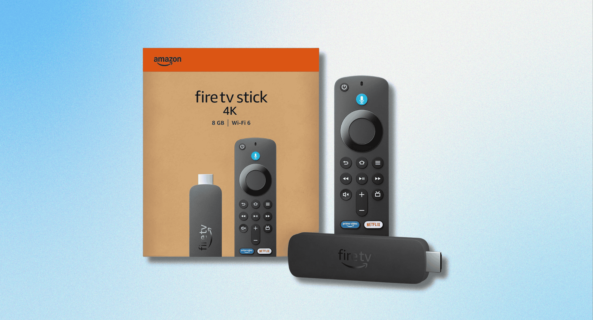 A product shot of the Amazon Fire TV Stick 4K, including its orange and white retail packaging, the black streaming stick, and the black Alexa Voice Remote, all set against a light blue background.
