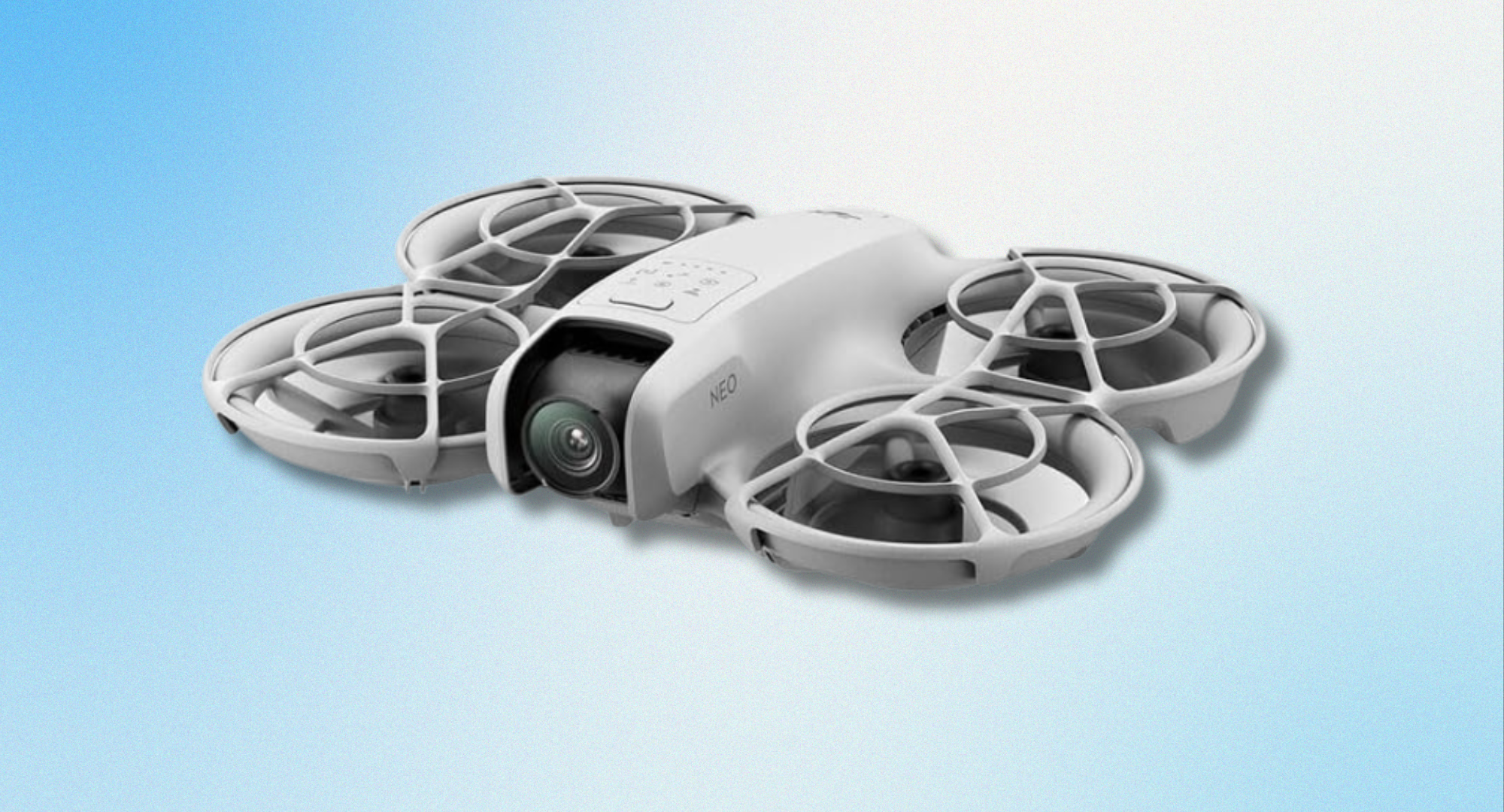 DJI Neo mini drone against a blue background.