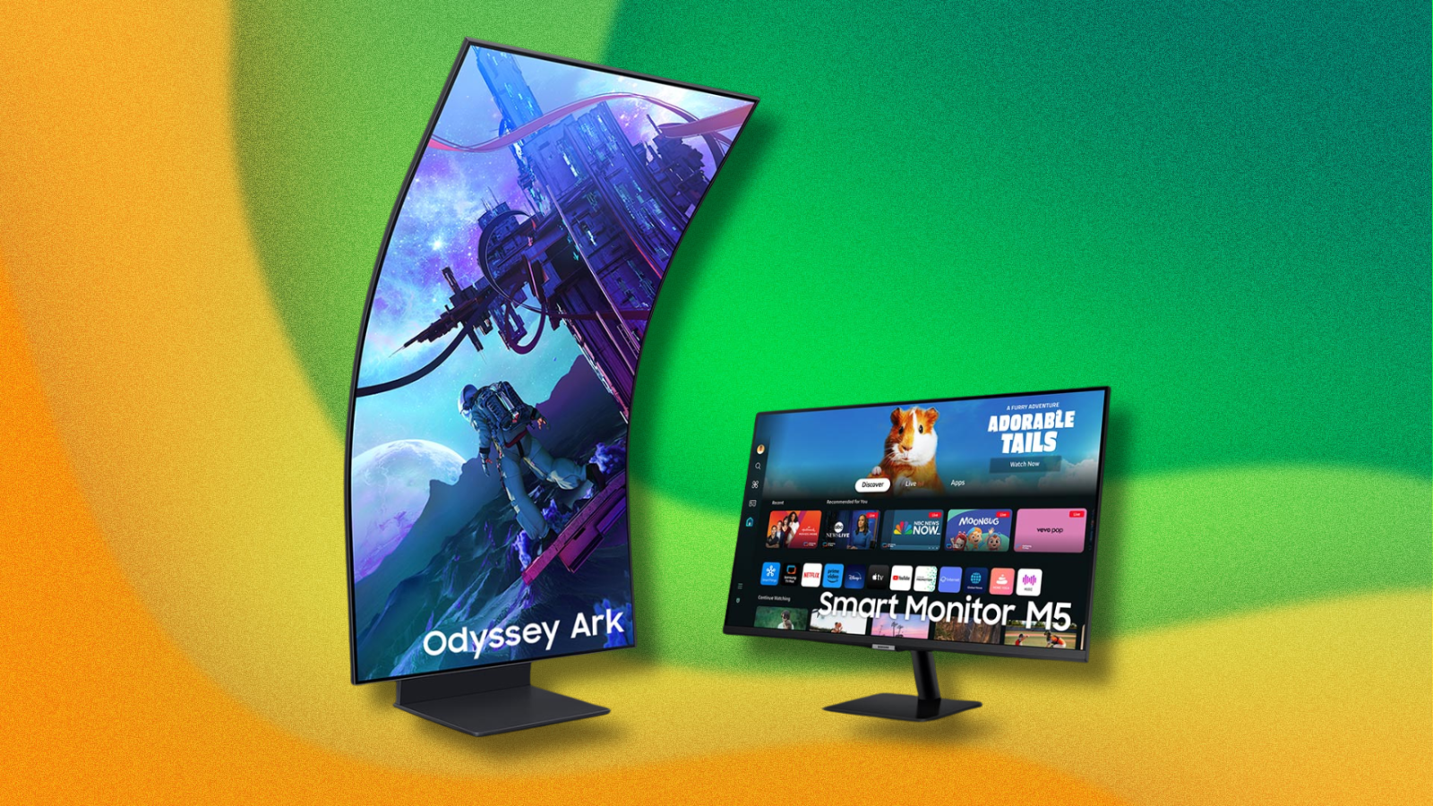 Samsung 55-inch Odyssey Ark and smart monitor on green and yellow abstract background