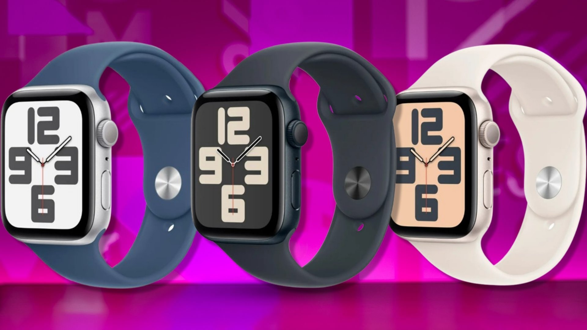 A trio of Apple Watch SE 2nd Generation smartwatches on a purple background