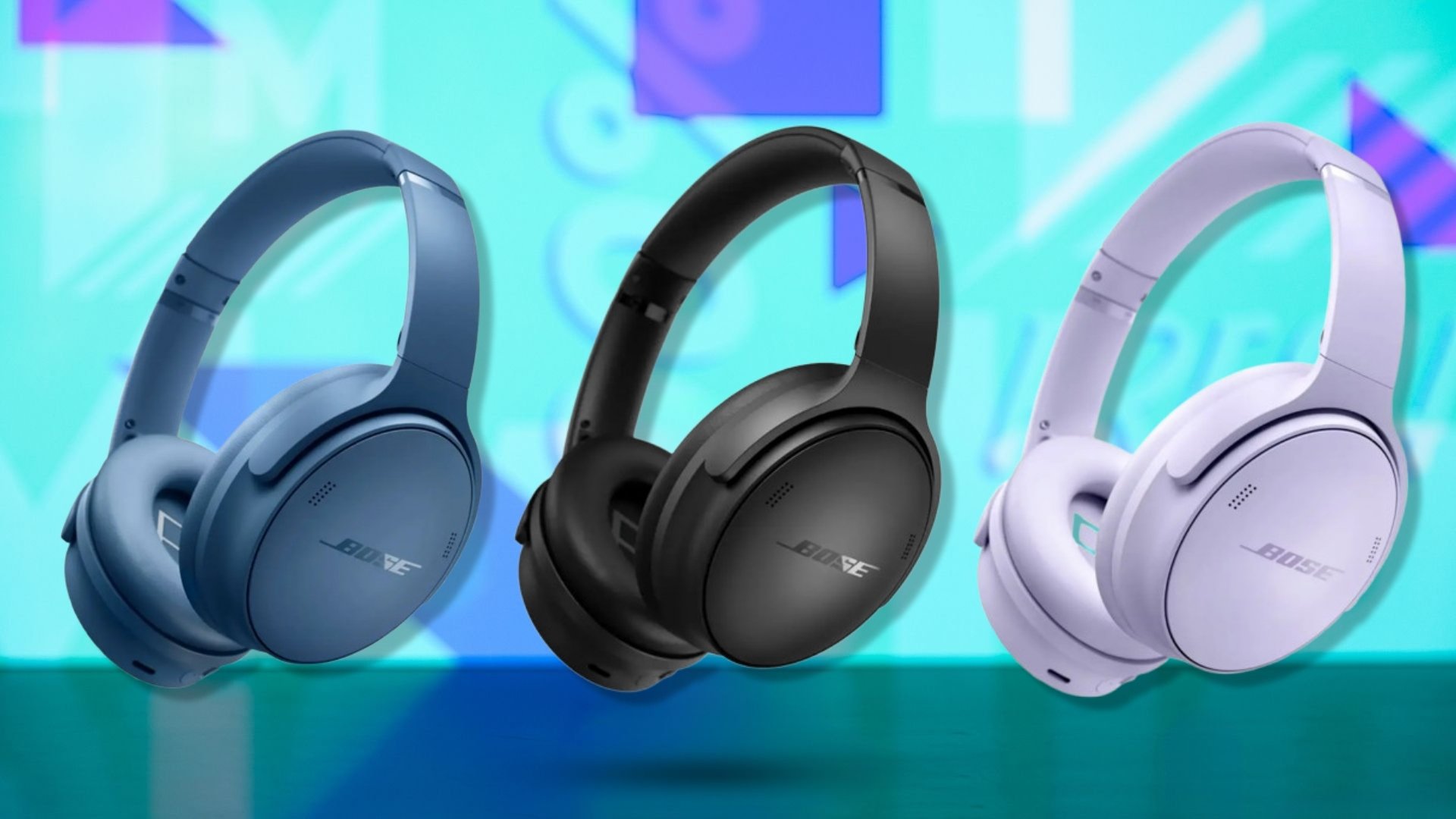 A trio of Bose QuietComfort Wireless Noise Cancelling Headphones on a blue background