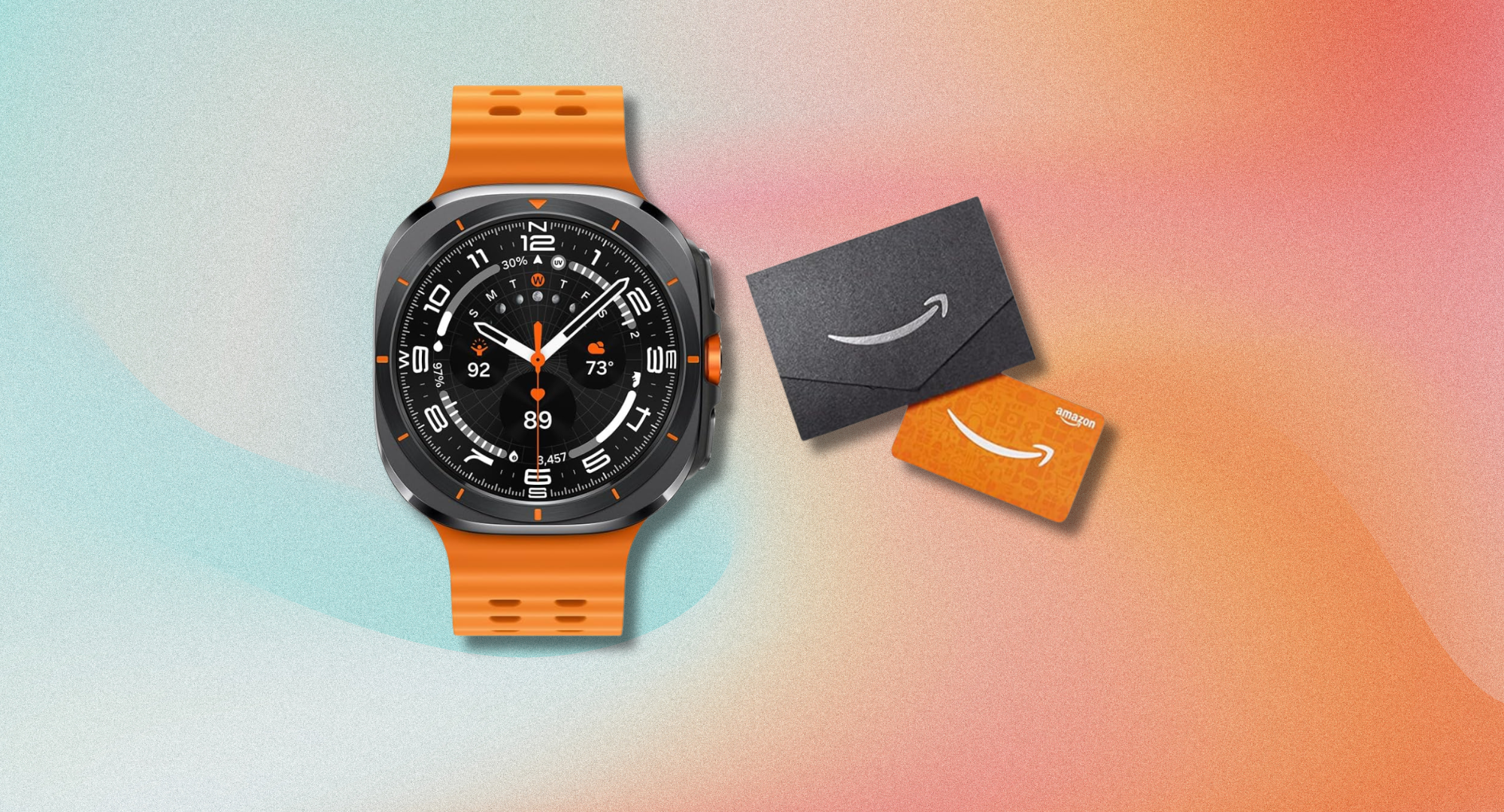 The Samsung Galaxy Watch Ultra beside two Amazon gift cards against a colorful background.