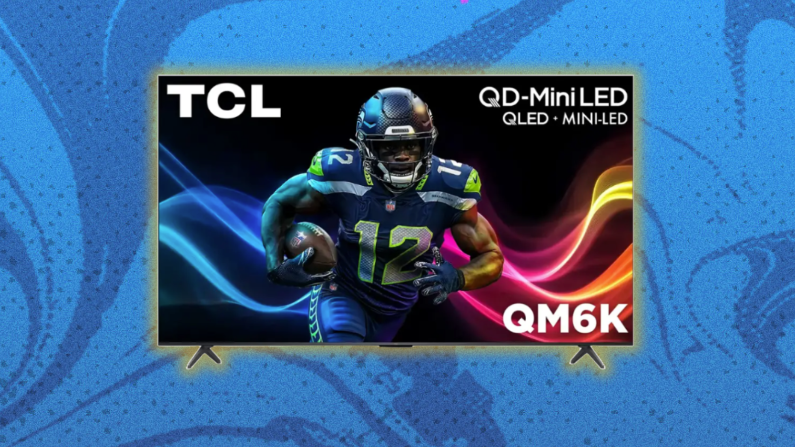 TCL QM6K Mini Led TV with blue polka dot background
