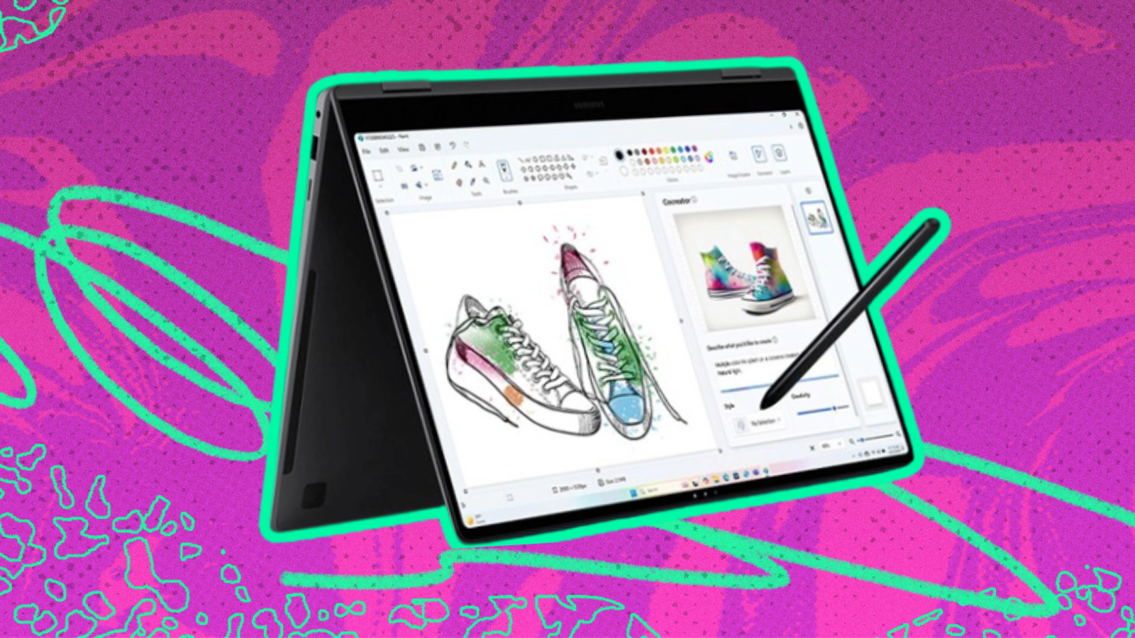 Samsung Galaxy Book5 Pro 360 with pink and green background