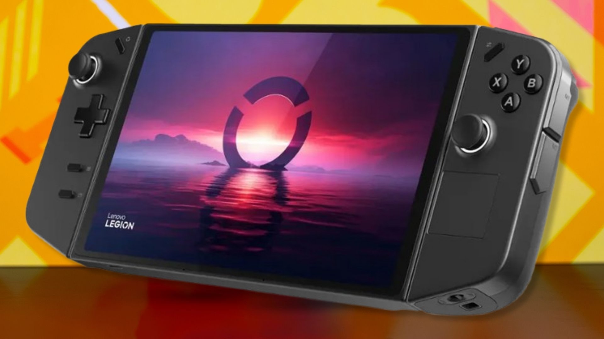 The Lenovo Legion Go on an orange background