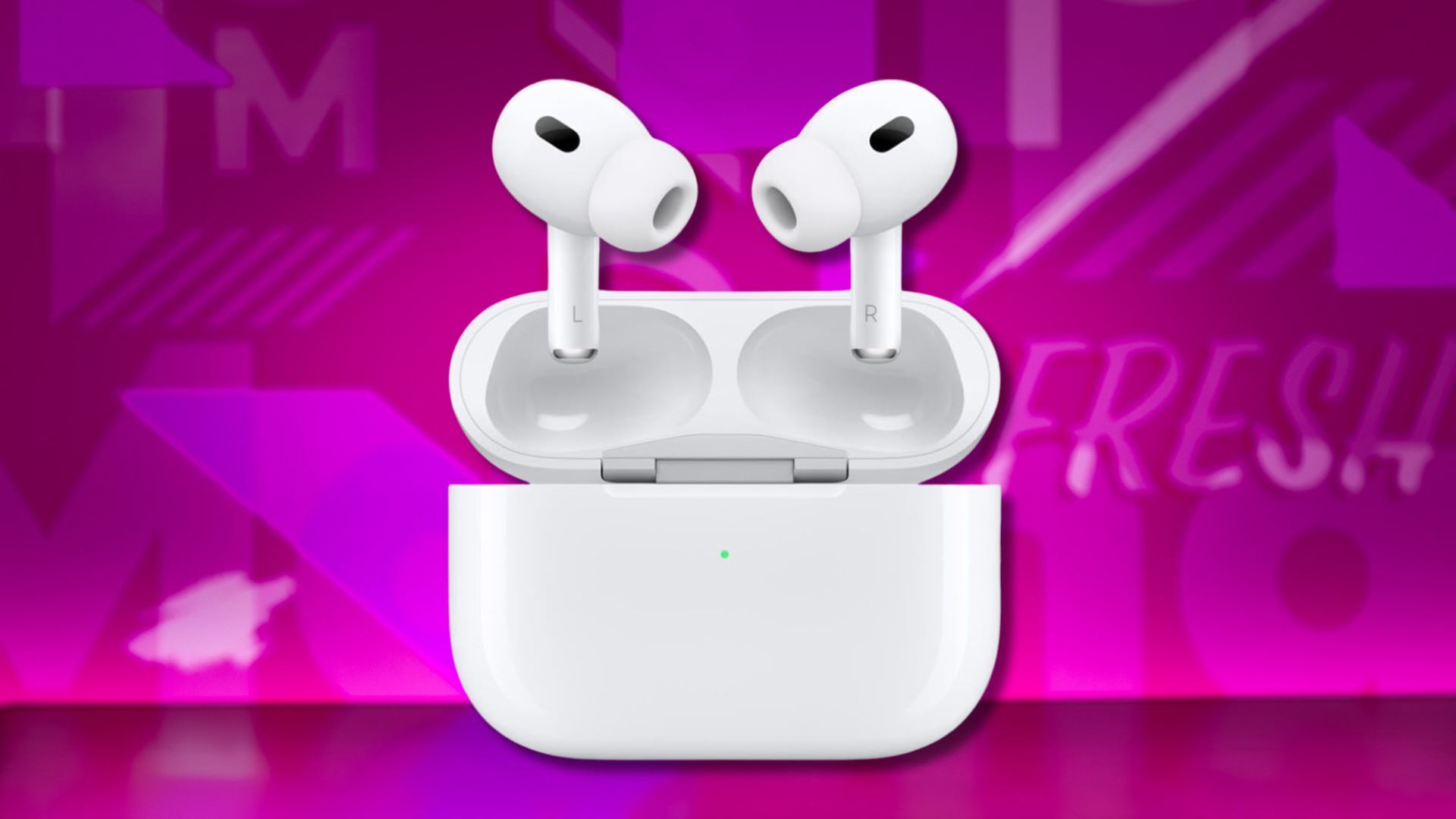 apple airpods pro 2 earbuds against a pink patterned background