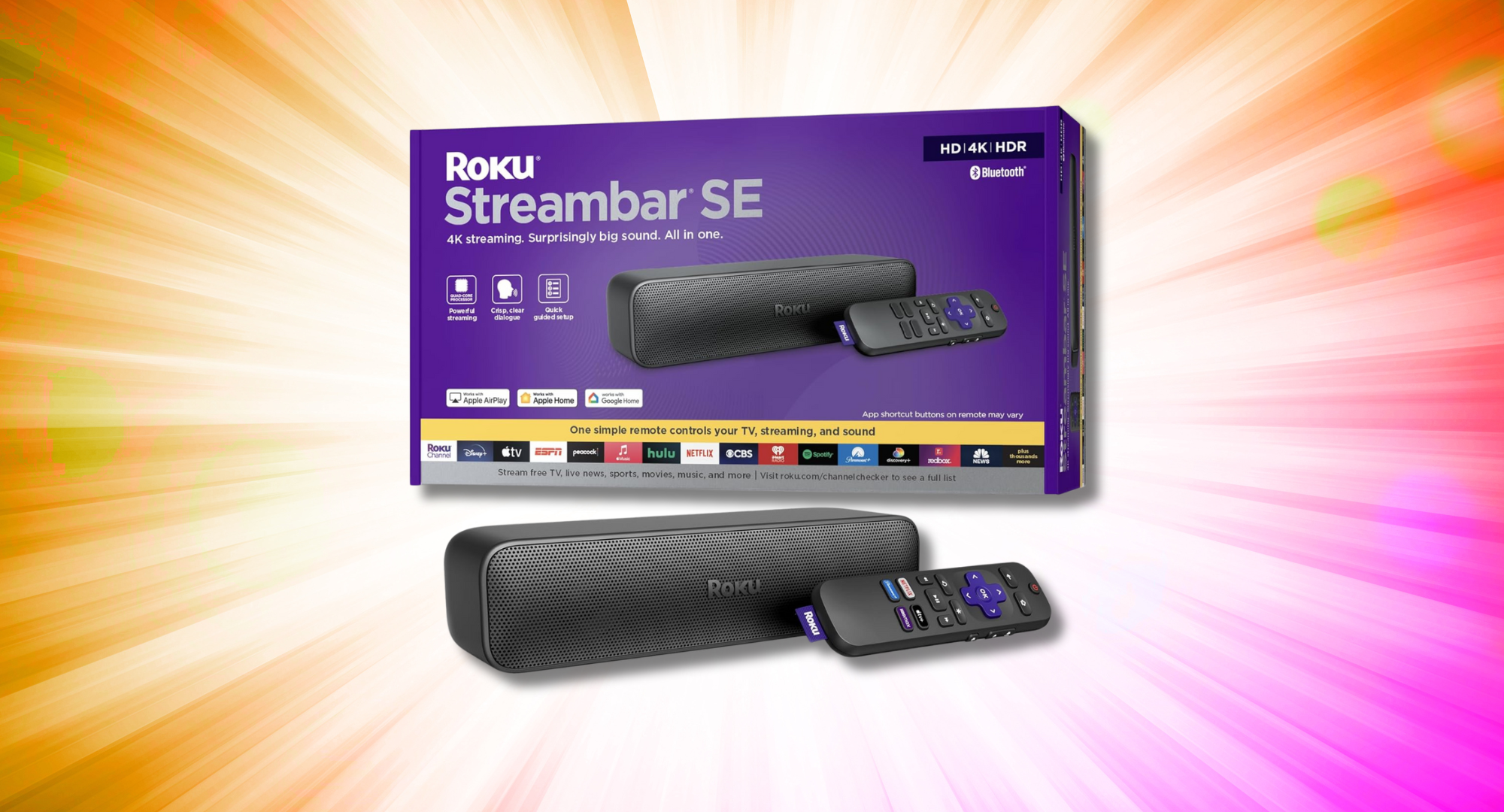 Roku streambar se with its packaging against a colorful background.