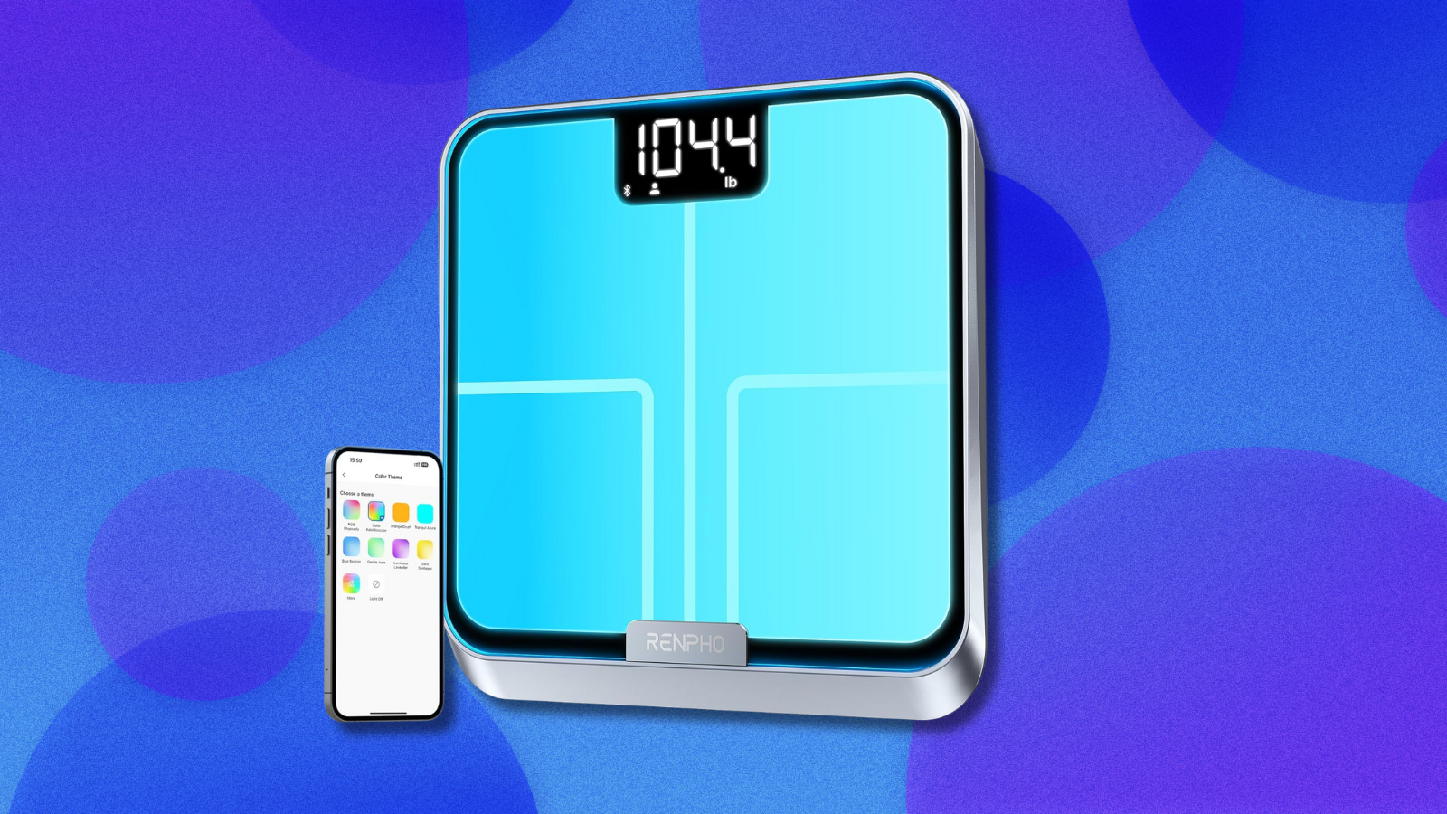 Renpho Smart Body Fat Scale on blue and purple abstract background