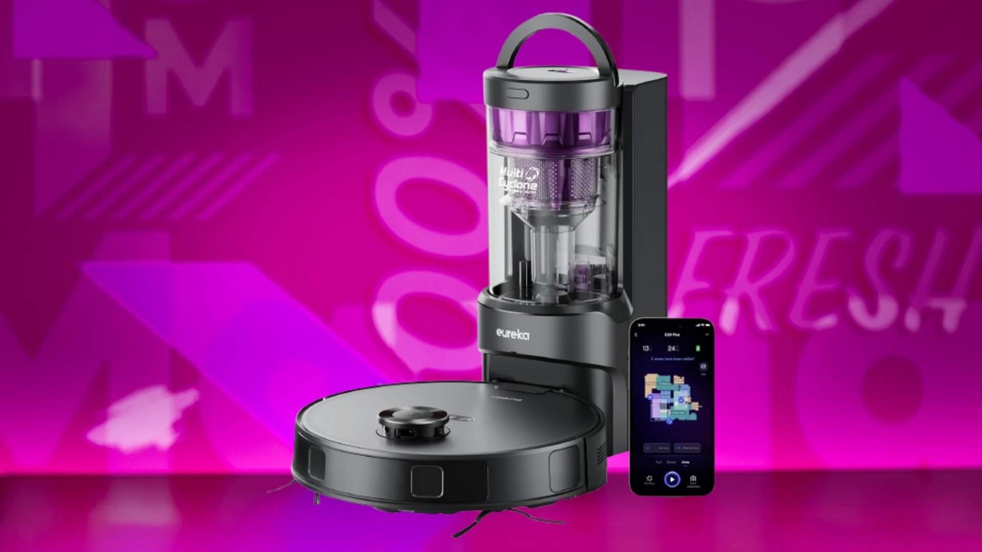 The Eureka E20 Plus Robot Vacuum Mop Combo on a purple background