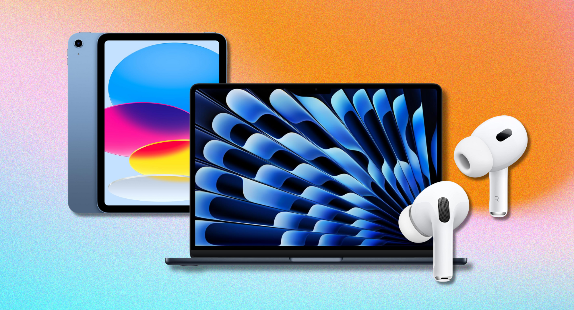 A collage of Apple products against a colorful background.