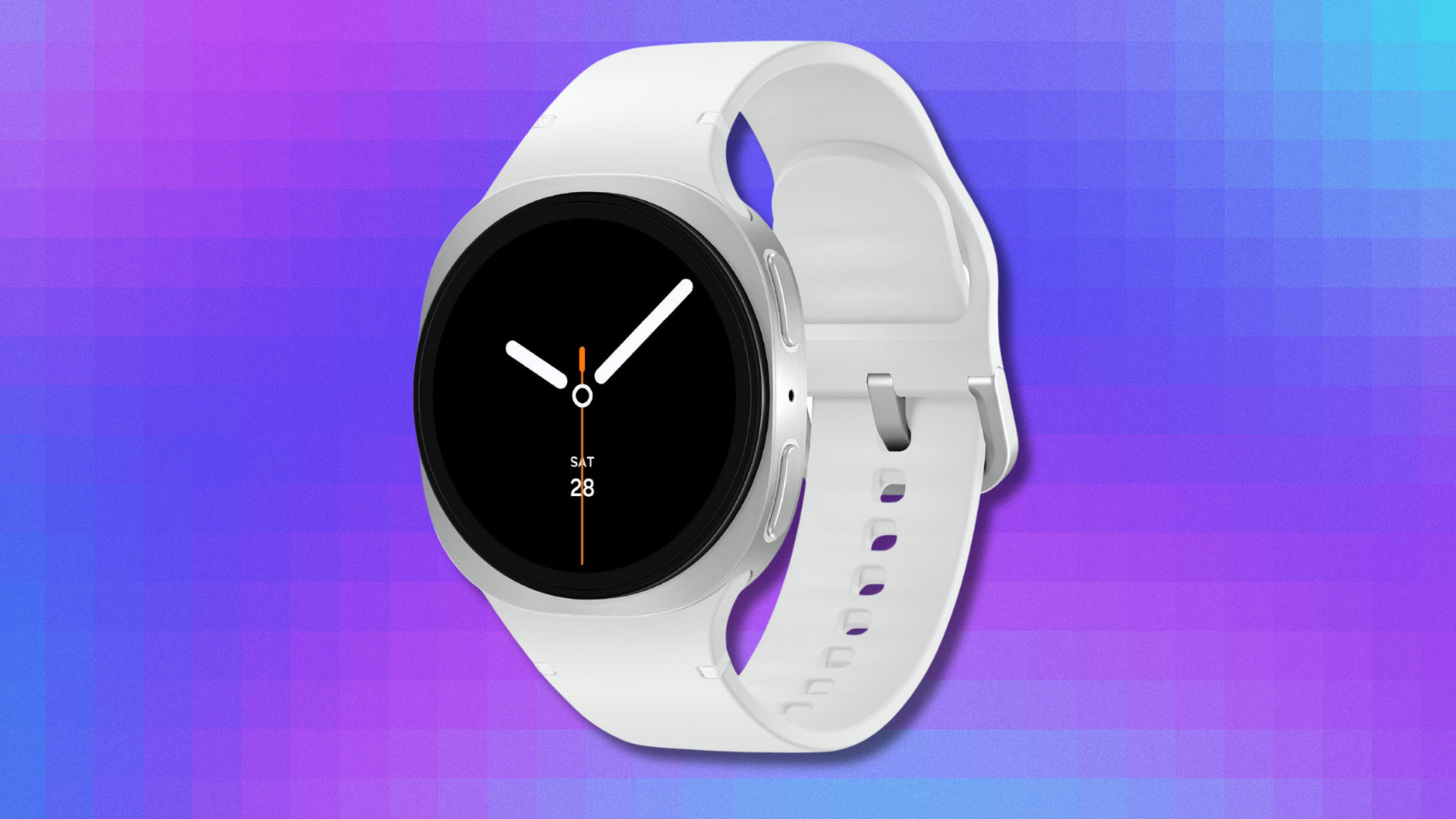 Samsung Galaxy Watch 8 on purple, pink, and blue abstract background
