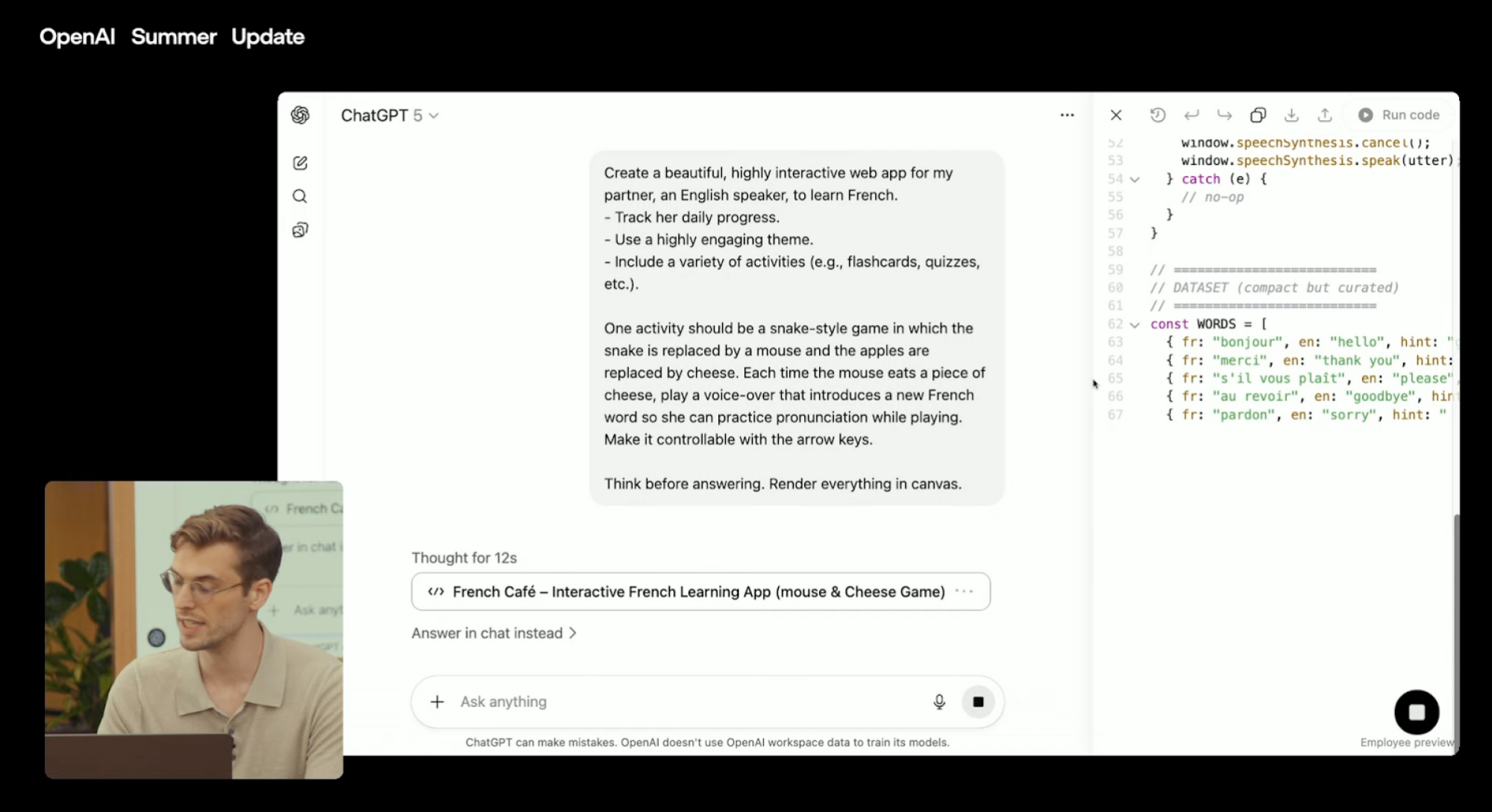 a screenshot of OpenAI's virtual demonstration of its new AI chatbot's capability to code.