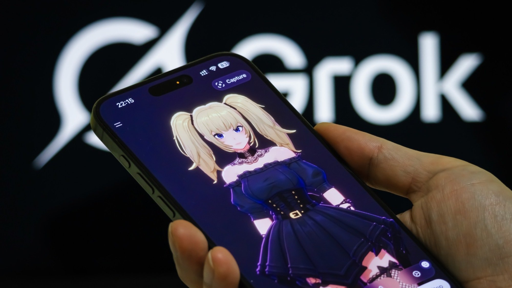 grok anime avitar ani on a phone screen in front of Grok logo